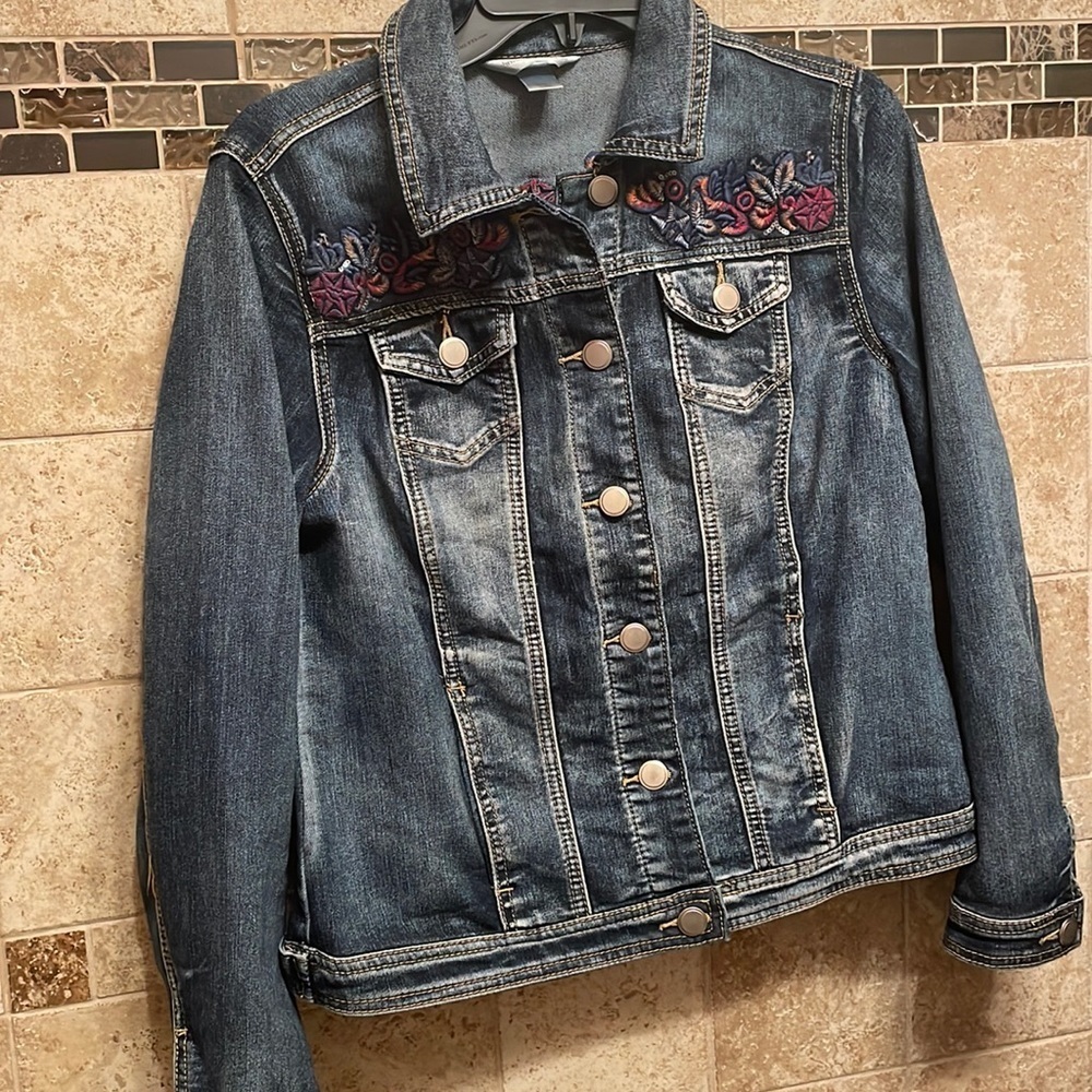 Christopher & Banks Denim Jacket Floral Embroidery Soft Fabric